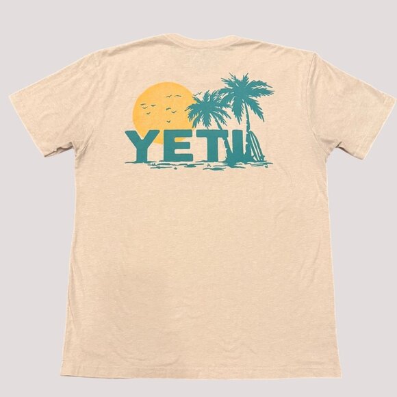 Yeti Graphic Tee Shirt Large Beige Logo Front & Sunset Palm Print Back - Picture 1 of 5